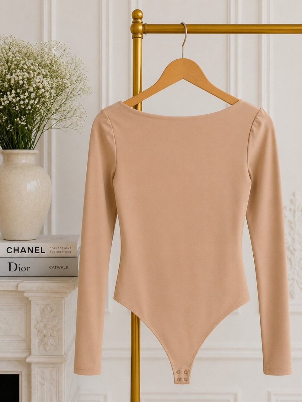 Express Nude Long Sleeve Open Back Bodysuit | Stretch Knit Top